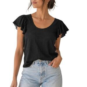 Max Studio London Burnout Flutter Sleeve Scoop Neck Black SS Blouse Top Medium